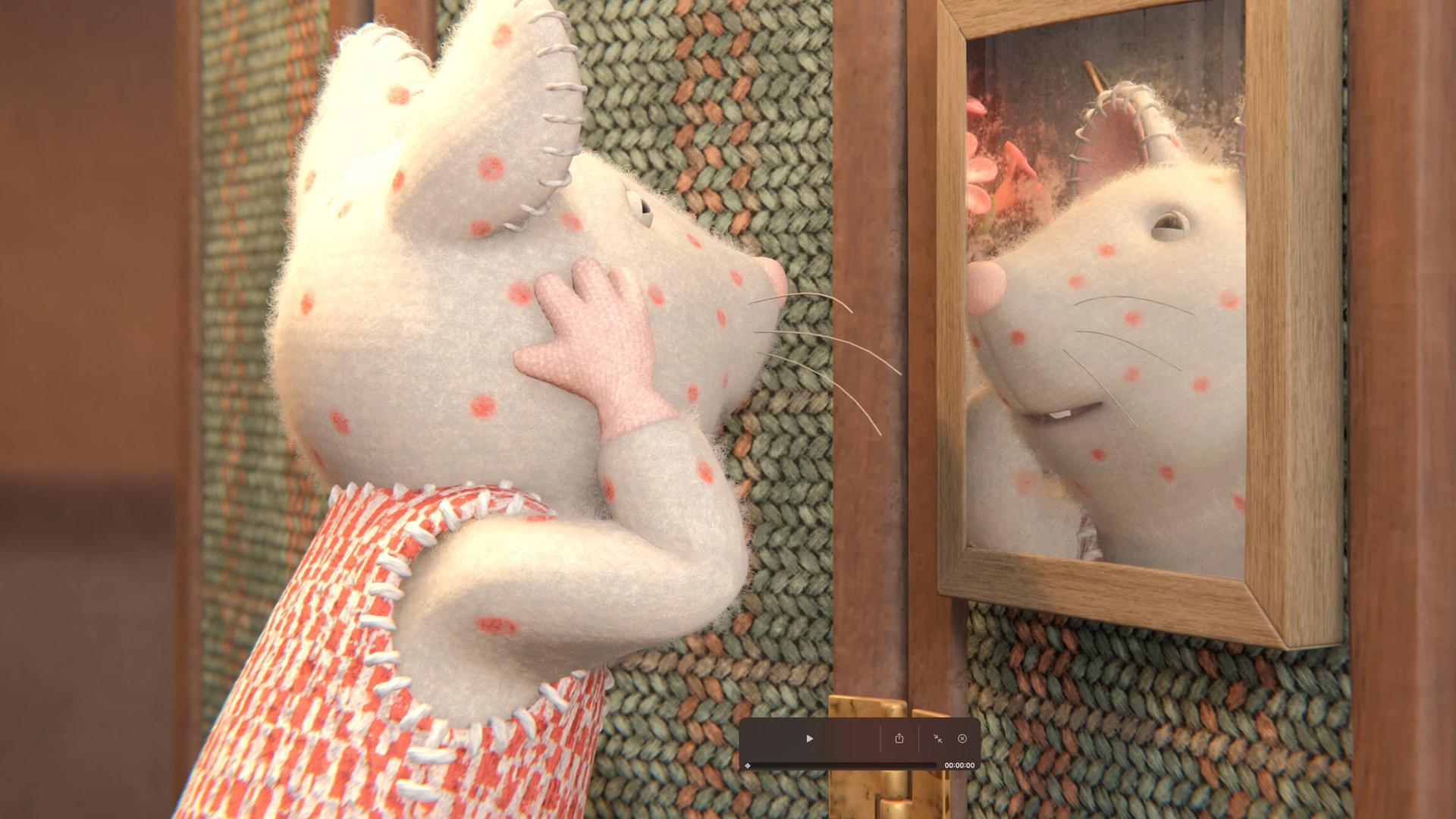 Julia steht vor dem Spiegel, der an einem Paravent hängt, und sieht sich grinsend an. Sie hat überall kleine rote Punkte im Gesicht und auf den Armen.