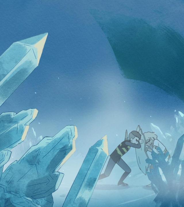 Inmitten von Schnee und Eis kämpfen Leo Blue und Tobie. Tobie hält ein Brocken Eis schützend vor sich. Beide blicken angestrengt und erschöpft.