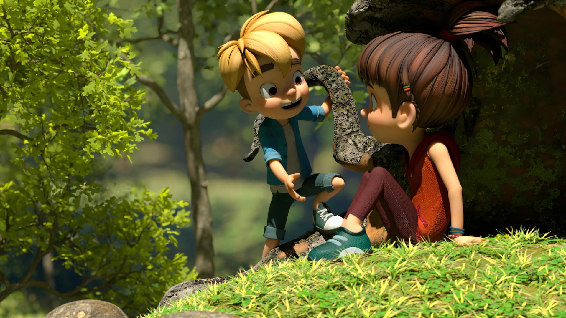 Raphael hält sich mit einer Hand an einer alten Wurzel fest und beugt sich zu Bohnenstange herunter, um ihr helfend eine Hand entgegenzustrecken. Bohnenstange sitzt im Gras vor einem dunklen Eingang und blickt zu ihrem Freund Raphael.