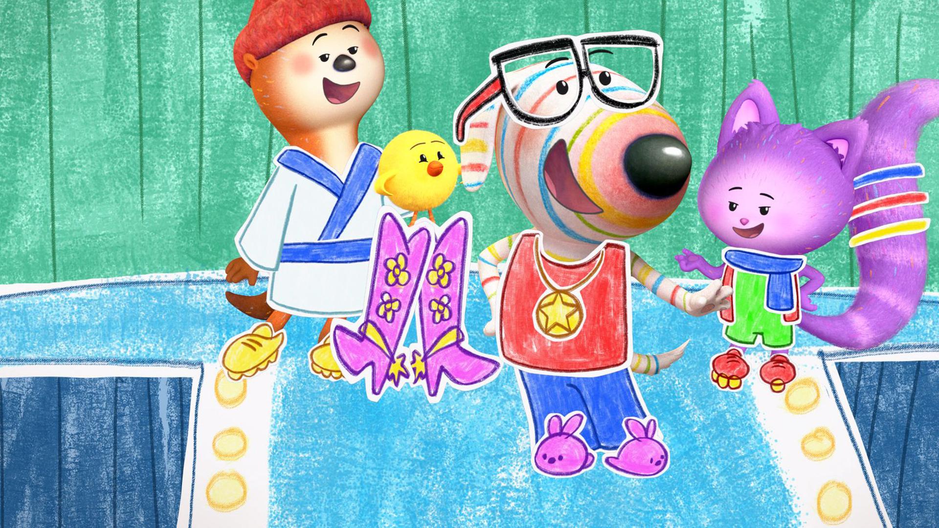 Hund Dylan und seine Freunde, Otter Ozzy, Küken Bitsy und Katze Daisy präsentieren sich auf einem Laufsteg in farbenfrohen und fantasievollen Outfits. Alle vier tragen schicke, bunte Kleidung und zeigen mit selbstbewussten Blicken und fröhlicher Ausstrahlung ihre Mode. Dylan ist als Modedesigner besonders stolz auf die Kreationen der Saison. Er präsentiert sich in pinken Hasenpantoffeln, einer blauen Hose, einem roten Tanktop mit einer Sternenmedaille als Aufdruck und mit einer coolen Brille. Ozzy trägt einen Bademantel, gelbe Schuhe und seine Mütze. Bitsy trägt pinke Cowboystiefel mit gelbem Blumenmuster. Daisy trägt bunte Ringe als Schmuck an ihrem Schwanz, einen blauen Schal, eine grüne Hose und rote Schuhe.