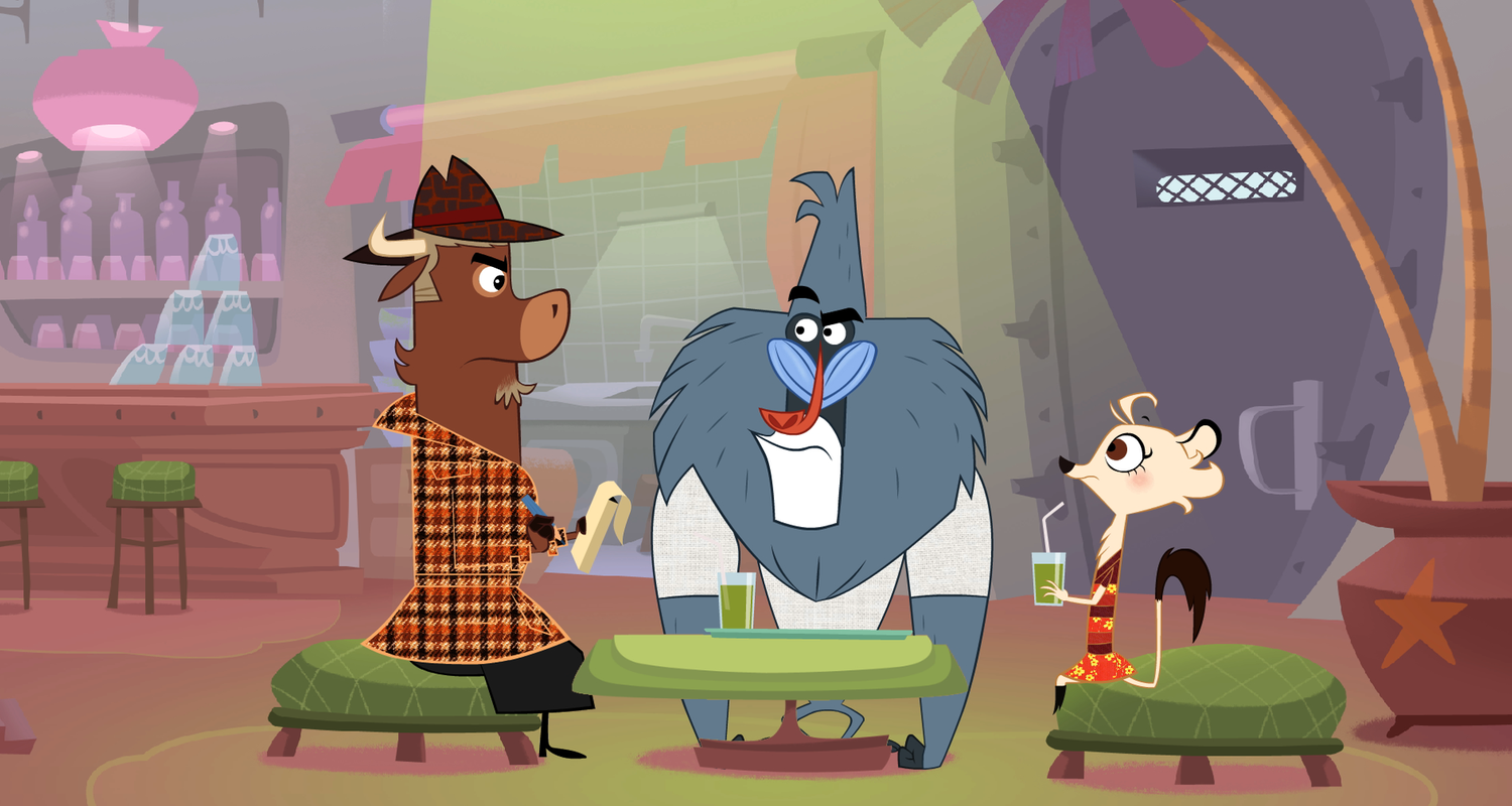 Sherlock Yack und Hermione sitzen mit dem Pavian in einem Lokal. Gemeinsam nehmen sie die Anzeige des Pavians auf. 