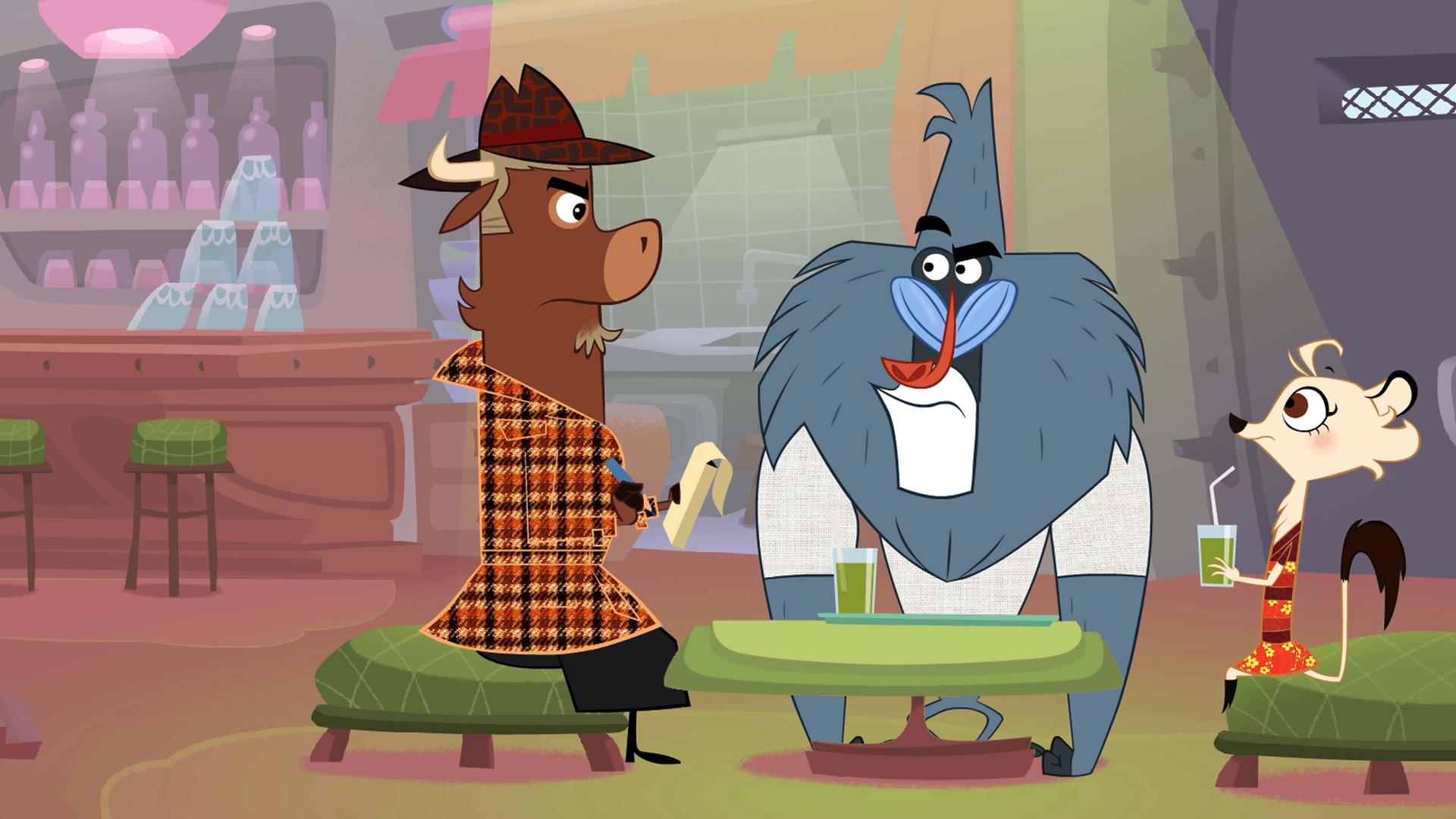 Sherlock Yack und Hermione sitzen mit dem Pavian in einem Lokal. Gemeinsam nehmen sie die Anzeige des Pavians auf. 