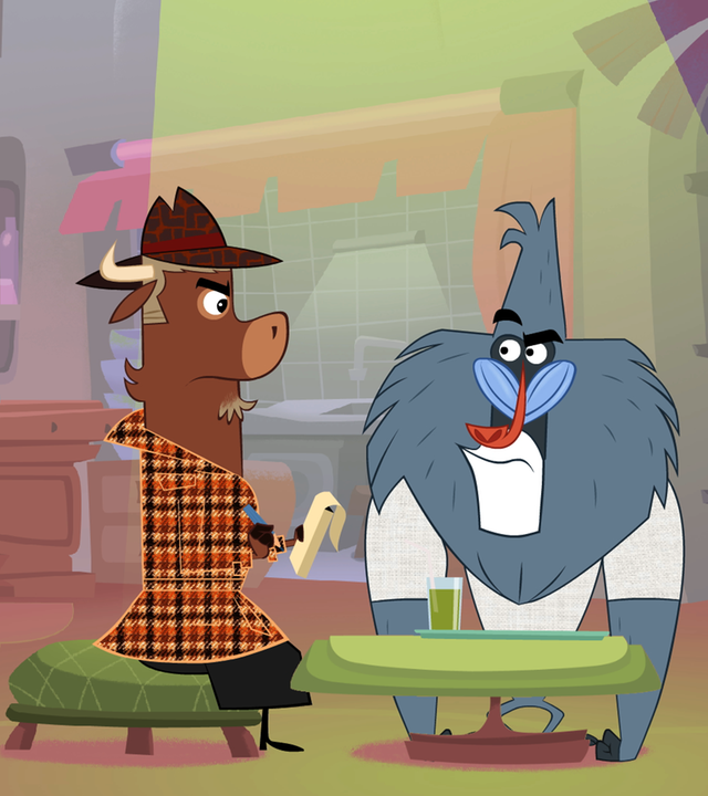 Sherlock Yack und Hermione sitzen mit dem Pavian in einem Lokal. Gemeinsam nehmen sie die Anzeige des Pavians auf. 