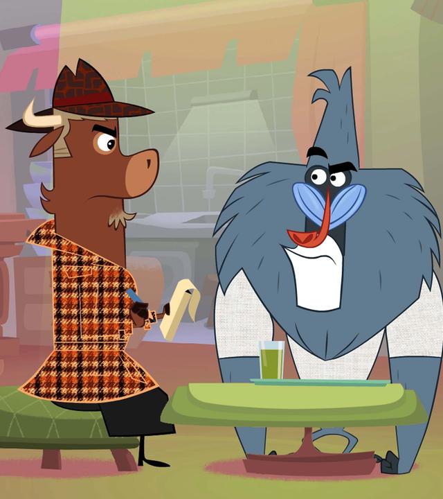 Sherlock Yack und Hermione sitzen mit dem Pavian in einem Lokal. Gemeinsam nehmen sie die Anzeige des Pavians auf. 