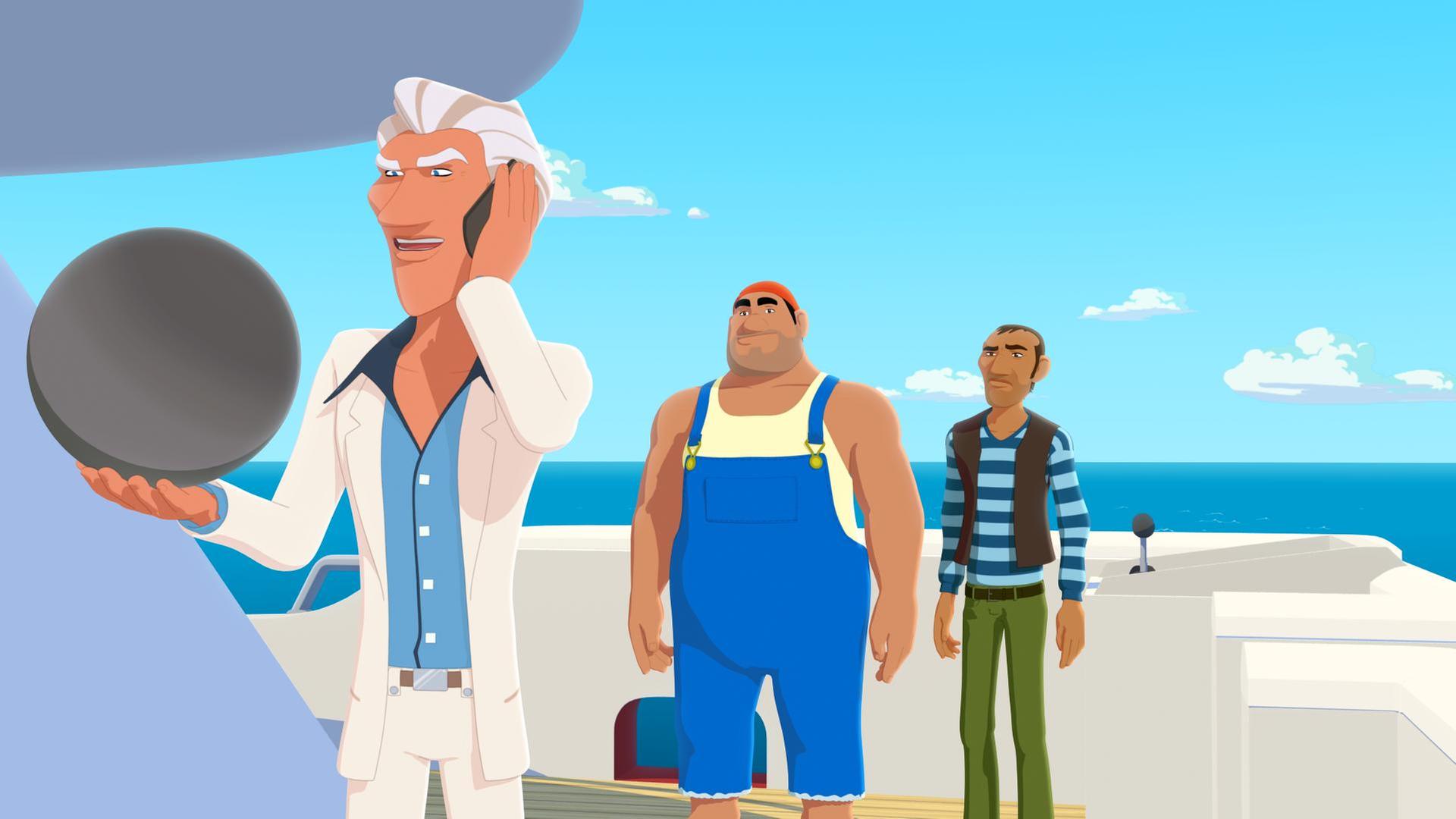 Van Krook hält die schwarze Perle Poemari in der Hand und hält mit der anderen Hand sein Telefon an seinen Kopf. Ganoven Biff und Rico stehen hinter ihm auf der Jacht.