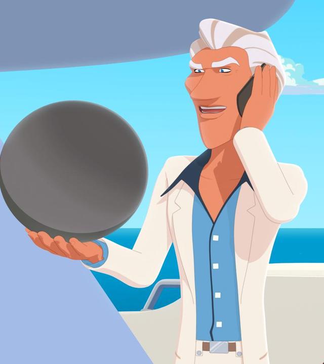 Van Krook hält die schwarze Perle Poemari in der Hand und hält mit der anderen Hand sein Telefon an seinen Kopf. Ganoven Biff und Rico stehen hinter ihm auf der Jacht.