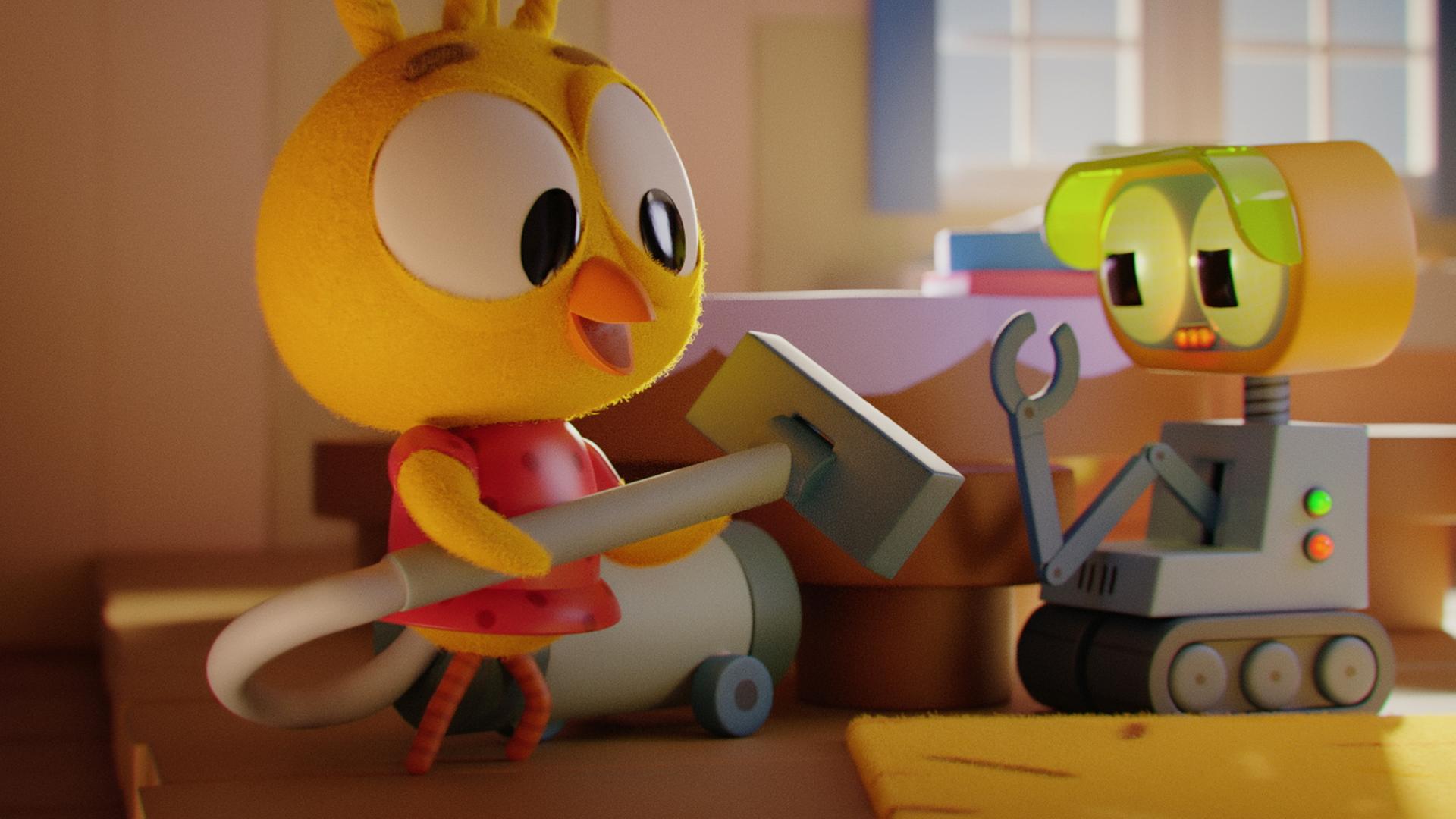 Bei Karla Zuhause: Karla, das Küken, hält lachend einen Staubsauger in ihren Flügeln fest. Neben ihr steht Roboter Robbie und blickt interessiert auf den Staubsauger.