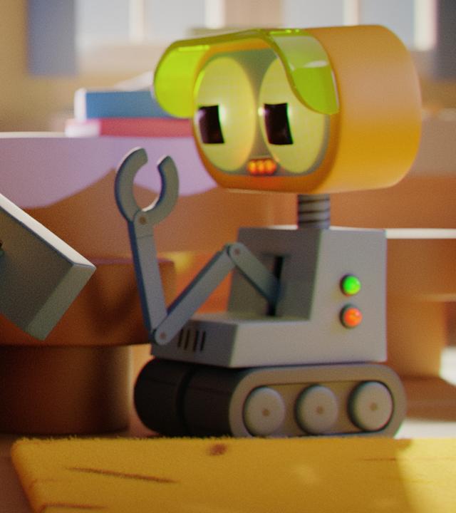 Bei Karla Zuhause: Karla, das Küken, hält lachend einen Staubsauger in ihren Flügeln fest. Neben ihr steht Roboter Robbie und blickt interessiert auf den Staubsauger.