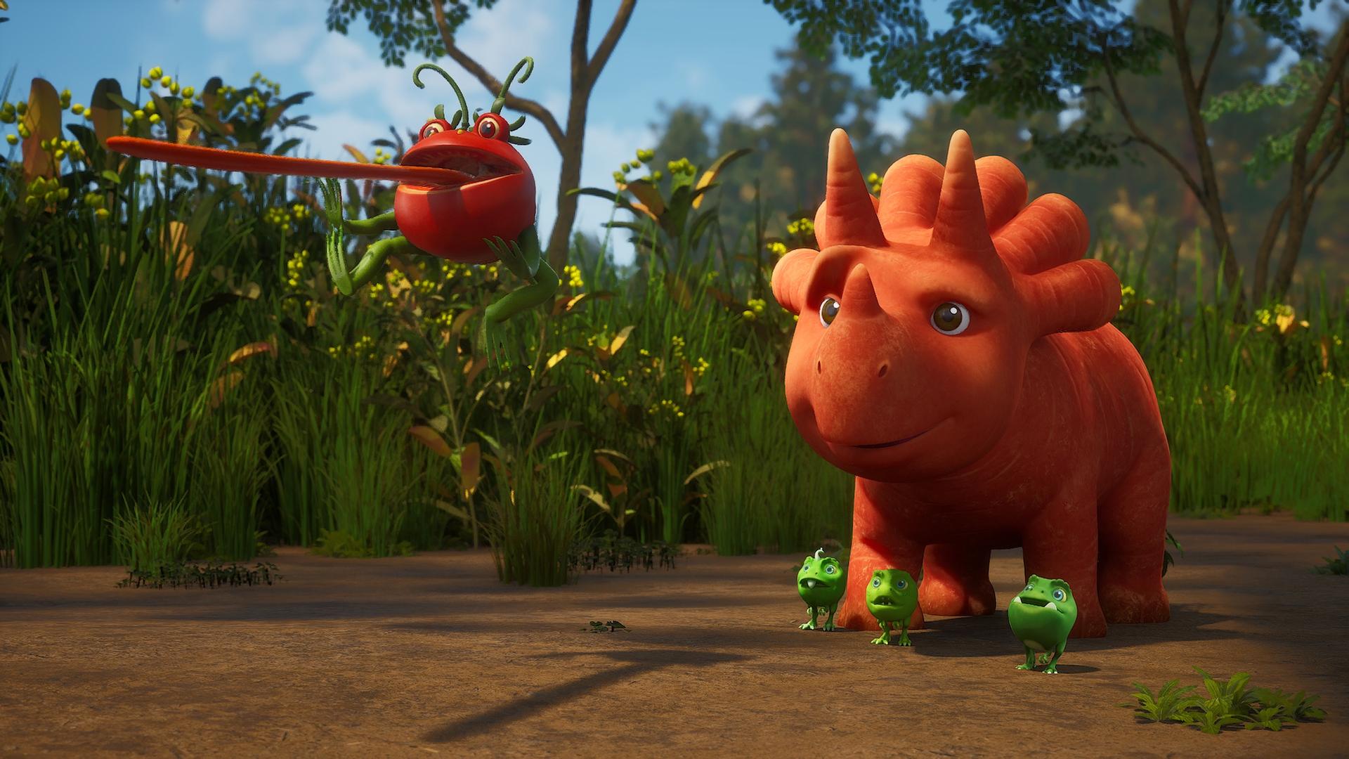 Im Bild sehen wir ein Tomatodon, das rückwärts durch die Luft fliegt. Das rote Wesen, das aussieht wie eine Tomate und ein Frosch, hat seine lange, rote Zunge weit aus dem Mund gestreckt. Etwas dahinter stehen Ginger und die Erbs-Rexe und staunen über das, was sie gerade sehen. (Erbs-Rexe sind Wesen, die aussehen wie Erbsen mit Gesichtern und Ärmchen und Beinchen. Ginger ist ein Trikarottops-Mädchen und sieht aus wie eine Karotte mit Gesicht.)