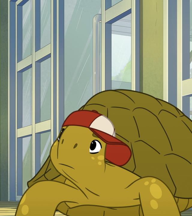 Die grüne Schildkröte Törtel trägt mit verunsichertem Blick eine rot-weiße Kappe auf dem Kopf, während weiter hinten Alina ein Foto mit ihrem rosafarbenen Handy von ihm macht. Alina ist eine junge Frau mit kurzen braun-blonden Haaren. Im Hintergrund steht ein Wohnhaus umgeben von grünen Büschen.