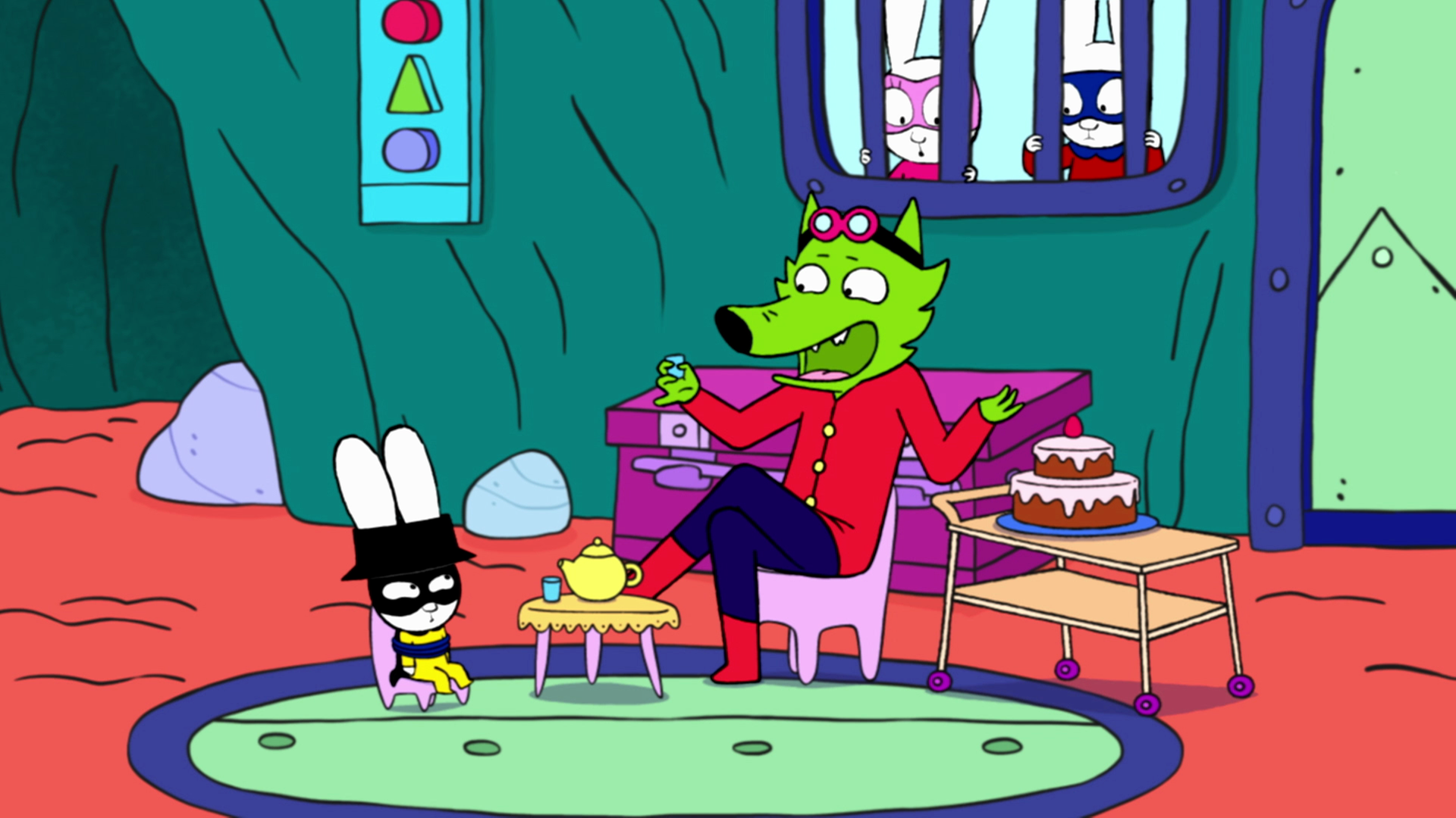 In der Fantasiewelt befindet sich Captain Hase gemeinsam mit Professor Wolf in dessen Geheimbasis. Professor Wolft sitzt überschwänglich mit einer Teetasse in seiner rechten Hand auf einem Stuhl. Captain Hase sitzt Professor Wolf gefesselt auf einem Stuhl  gegenüber und blickt diesen zornig an. Zwischen ihnen steht ein Tisch, auf dem eine Teekanne und eine Teetasse abgestellt sind.