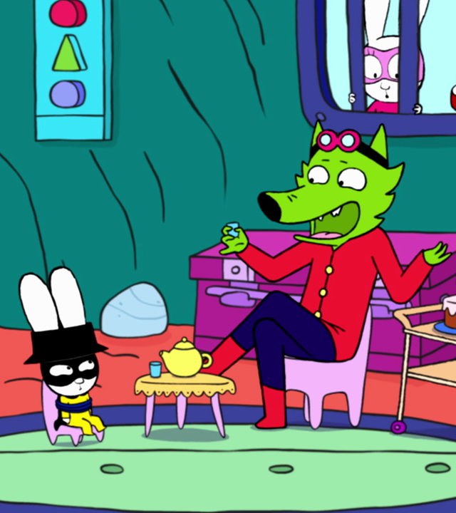 In der Fantasiewelt befindet sich Captain Hase gemeinsam mit Professor Wolf in dessen Geheimbasis. Professor Wolft sitzt überschwänglich mit einer Teetasse in seiner rechten Hand auf einem Stuhl. Captain Hase sitzt Professor Wolf gefesselt auf einem Stuhl  gegenüber und blickt diesen zornig an. Zwischen ihnen steht ein Tisch, auf dem eine Teekanne und eine Teetasse abgestellt sind.