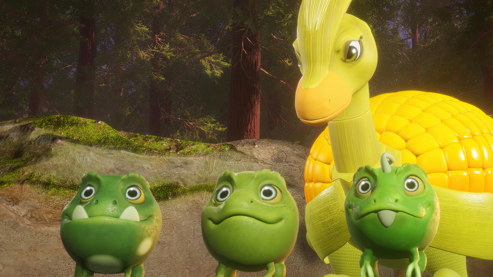 Ein kleiner Dinosaurier, der aussieht wie ein goldgelber Maiskolben, steht hinter den drei Erbs-Rexen.