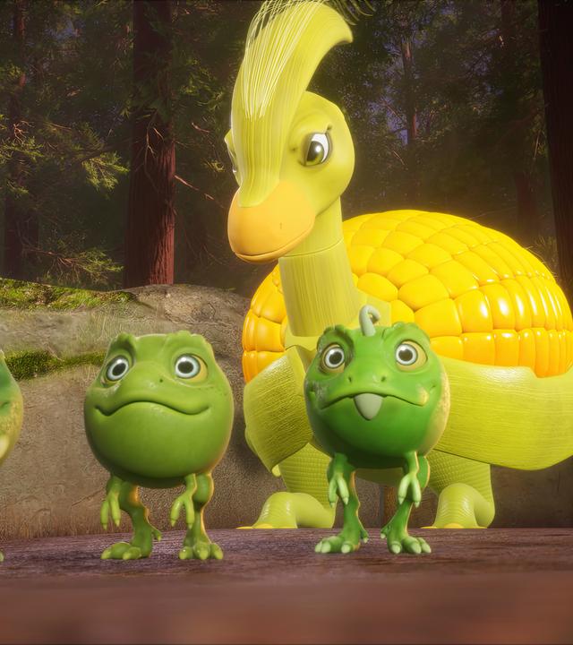 Ein kleiner Dinosaurier, der aussieht wie ein goldgelber Maiskolben, steht hinter den drei Erbs-Rexen.