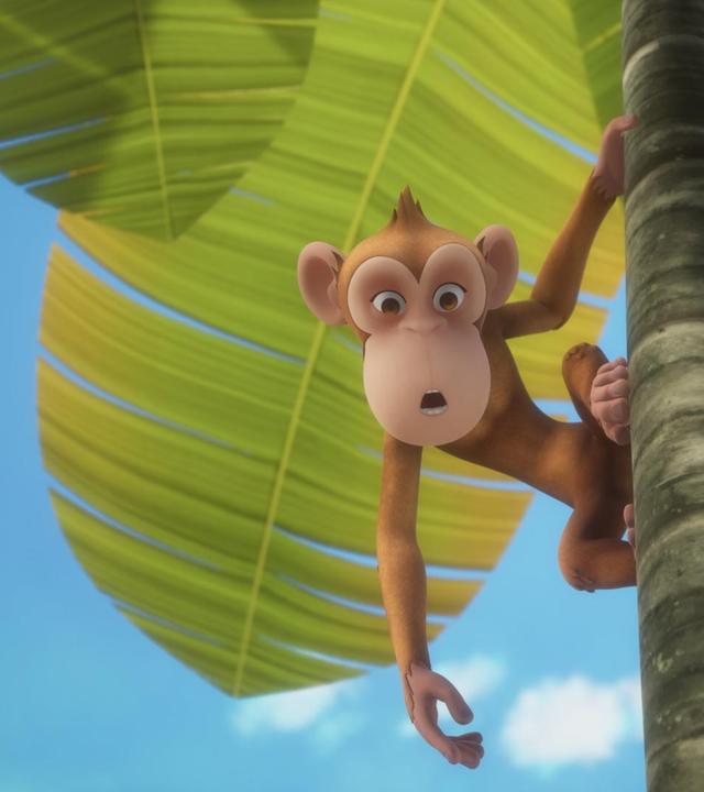 Seitlich am Stamm einer Bananenstaude hält sich ein Affe mit den Füßen und einer Hand fest. Er schaut interessiert nach unten.