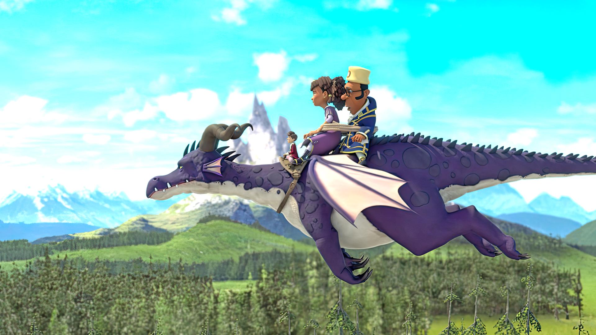 Tipsar, Ailina und Miteo fliegen auf dem Rücken von Drache Brandarium über die Wälder. Tipsar gibt Brandarium die Fluganweisungen. Miteo ist zur Sicherheit mit einem Seil an Ailina gebunden.