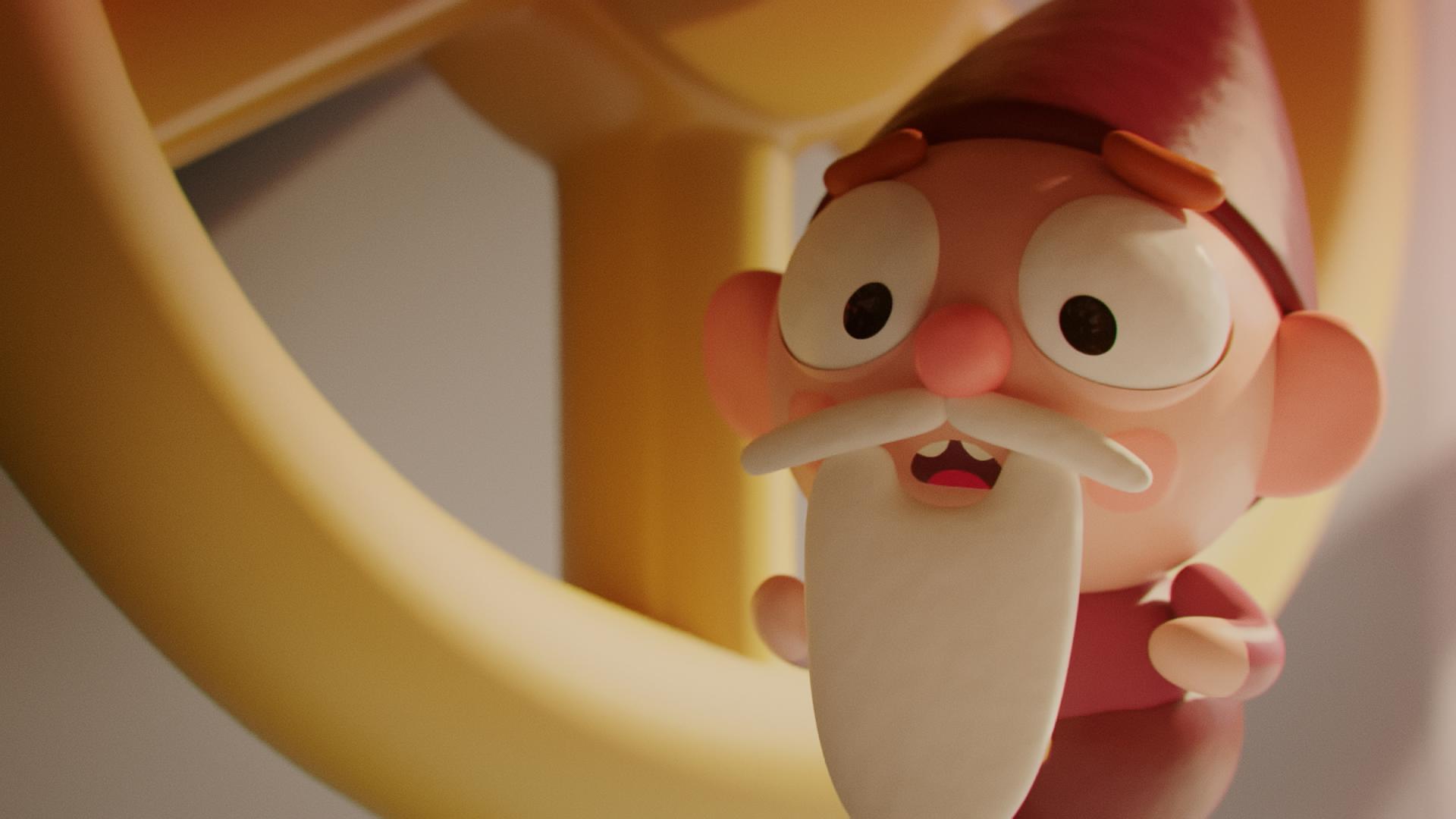 Wichtel Bob steht erschrocken vor einem großen Zahnrad. Er ist gealtert und trägt einen langen, weißen Bart.