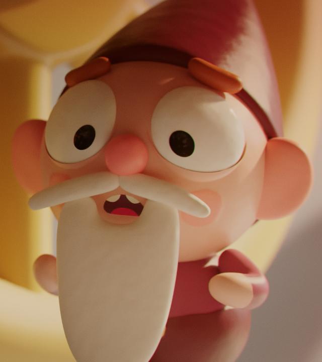 Wichtel Bob steht erschrocken vor einem großen Zahnrad. Er ist gealtert und trägt einen langen, weißen Bart.