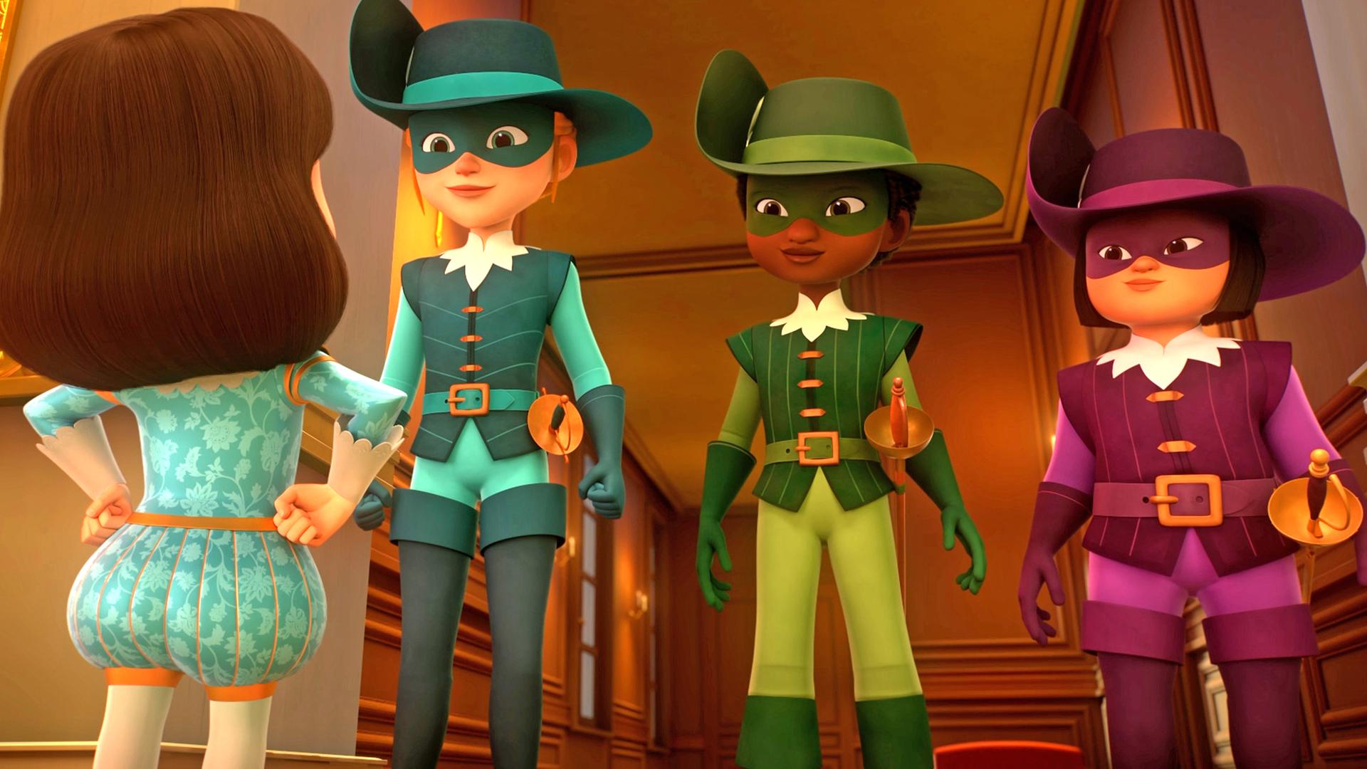 König Louis XIII. steht im Flur des Schlosses mit in die Hüften gestemmten Händen vor den Musketieren, die ihn lächelnd anschauen.