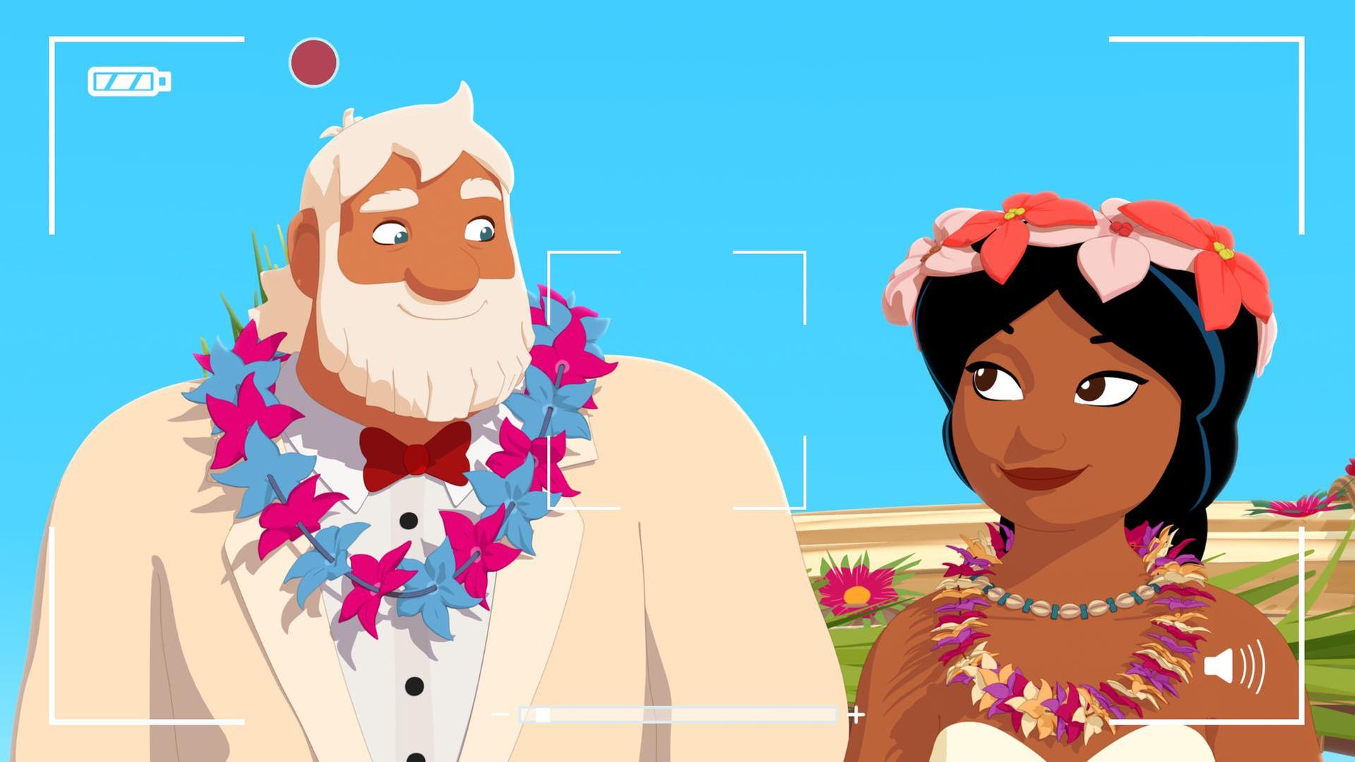 Onkel Patrick und Maeva sind wie ein Hochzeitspaar angezogen und werden durch eine Videokamera gefilmt.