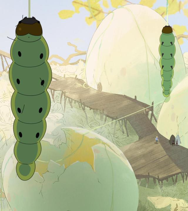 Drei große Raupen seilen sich auf ein verlassenes Nest ab. Dort liegen zerbrochene Eierschalen. Die Menschen sind daneben winzig klein. Wir erkennen einige Menschen, die auf einem Holzsteg zwischen den Eierschalen hin und hergehen.