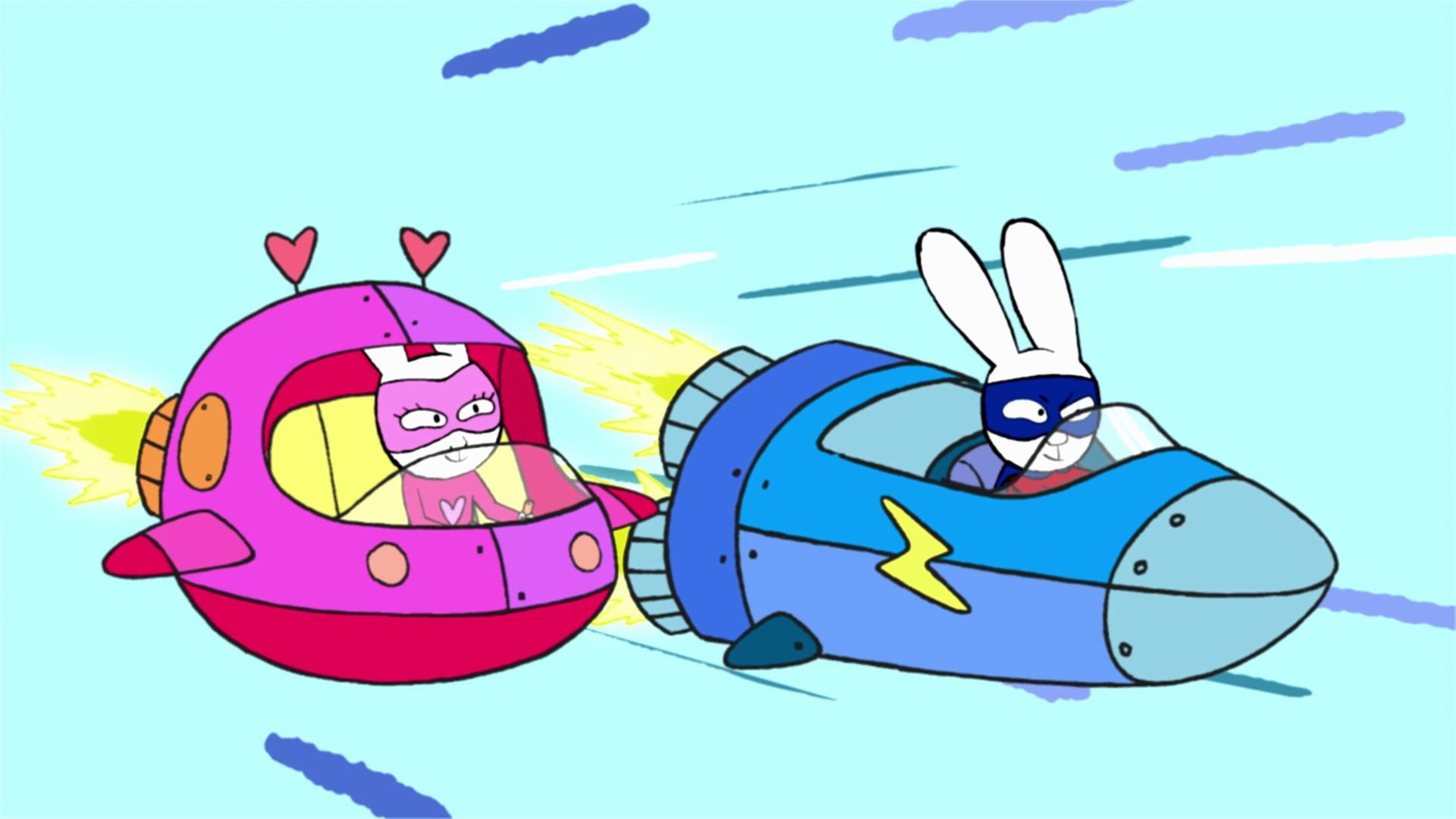 In der Fantasiewelt fliegen Super-Lou und Simon Superhase in ihren Raumschiffen durch die Luft und machen ein Wettrennen. Beide schauen mit siegeswilligem Blick nach vorne.