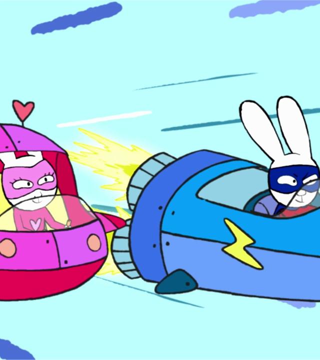 In der Fantasiewelt fliegen Super-Lou und Simon Superhase in ihren Raumschiffen durch die Luft und machen ein Wettrennen. Beide schauen mit siegeswilligem Blick nach vorne.