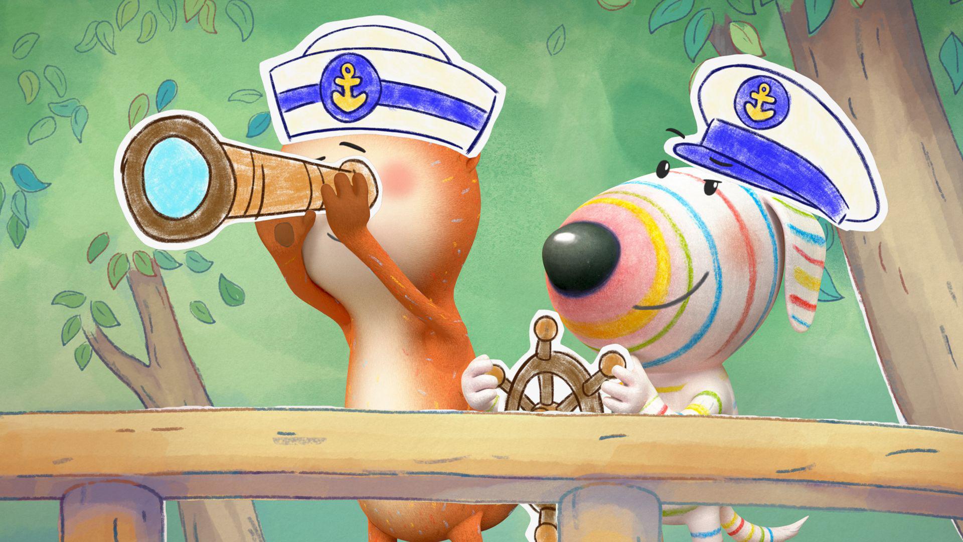 Hund Dylan steht oben auf der Plattform eines Baumhauses und trägt eine typische Kapitänsmütze und hält ein Steuerruder mit den Pfoten fest, während er konzentriert sein imaginäres Schiff lenkt. Sein Freund Otter Ozzy steht neben ihm und ist als Matrose gekleidet und trägt eine klassische Seemannsmütze. Er blickt aufmerksam durch ein Fernrohr in die Ferne, als suche er nach neuen Abenteuern.