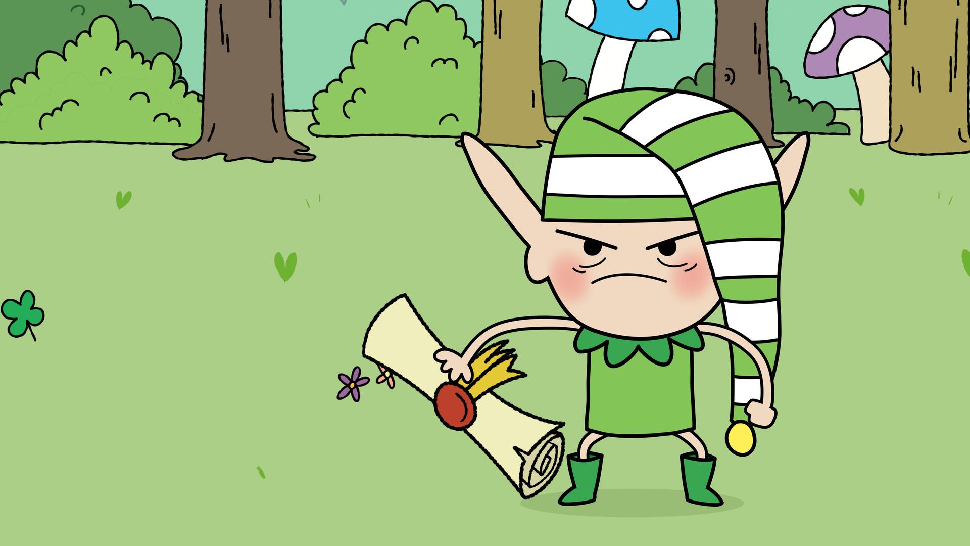 Meister Heiter mit grün-weiß gestreifter Schlafmütze auf dem Kopf steht wütend mit einer Schriftrolle in der Hand auf einer Lichtung im Wald.