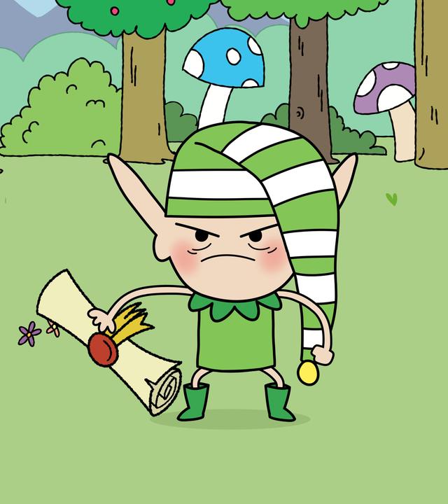 Meister Heiter mit grün-weiß gestreifter Schlafmütze auf dem Kopf steht wütend mit einer Schriftrolle in der Hand auf einer Lichtung im Wald.