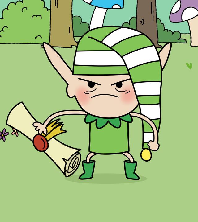 Meister Heiter mit grün-weiß gestreifter Schlafmütze auf dem Kopf steht wütend mit einer Schriftrolle in der Hand auf einer Lichtung im Wald.