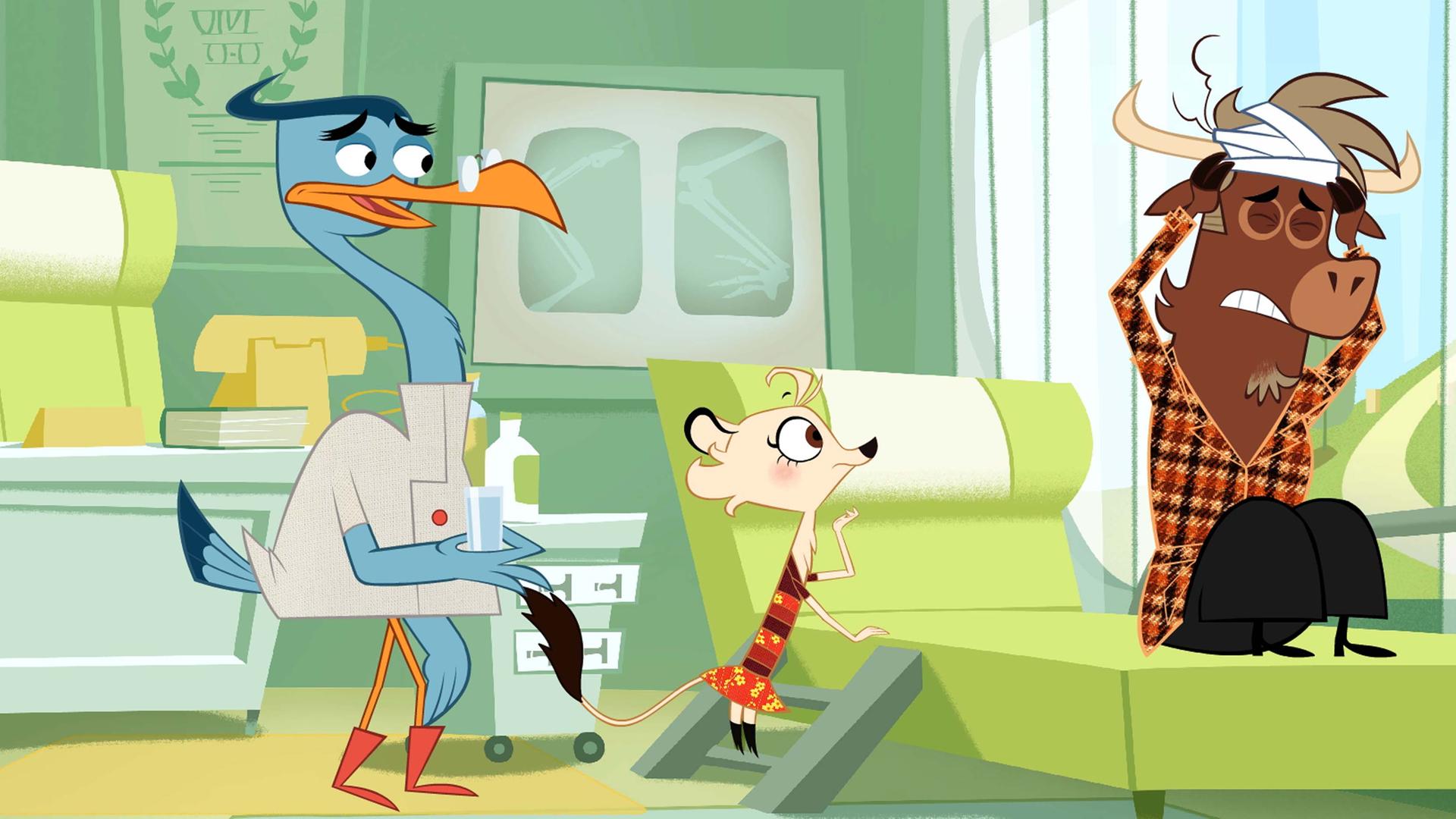 Sherlock Yack sitzt auf der Liege von Dr. Schnabelmann. Er hält sich mit schmerzerfülltem Blick den Kopf und trägt einen Verband. Hermione steht besorgt neben seiner Liege.