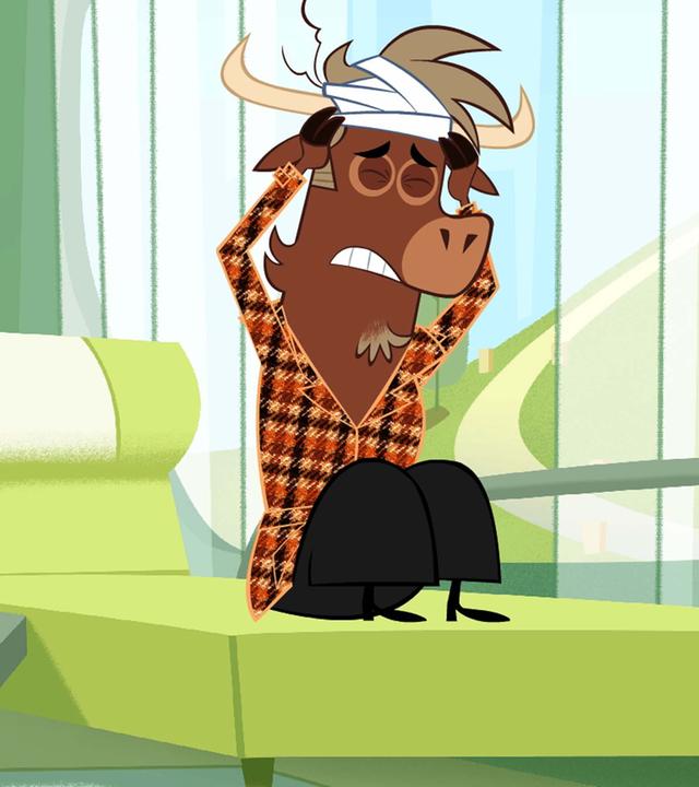 Sherlock Yack sitzt auf der Liege von Dr. Schnabelmann. Er hält sich mit schmerzerfülltem Blick den Kopf und trägt einen Verband. Hermione steht besorgt neben seiner Liege.