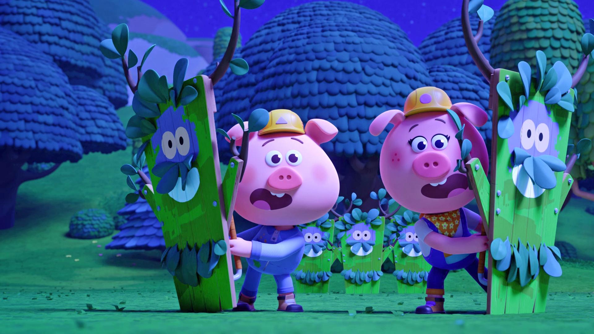 Zwei Werkel-Ferkel, nämlich Charlie und Cornelia, tragen bei Nacht zwei aus Holzplatten gebaute Figuren mit Gesicht und Hirschgeweih vor sich her. Sie machen erschreckte Gesichter.