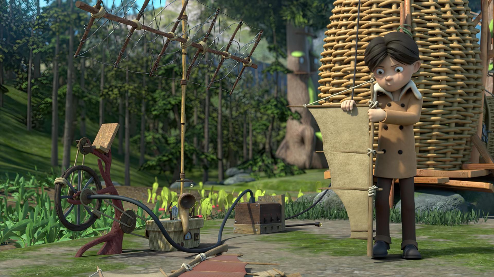 Klincus steht kritisch blickend vor seiner Scheune und bastelt an einem Flügel einer Windturbine herum. Vor ihm liegen weitere Bauteile auf dem Boden. Im Hintergrund steht auch der Stromgenerator, der mit einem Pedal angetrieben werden kann.