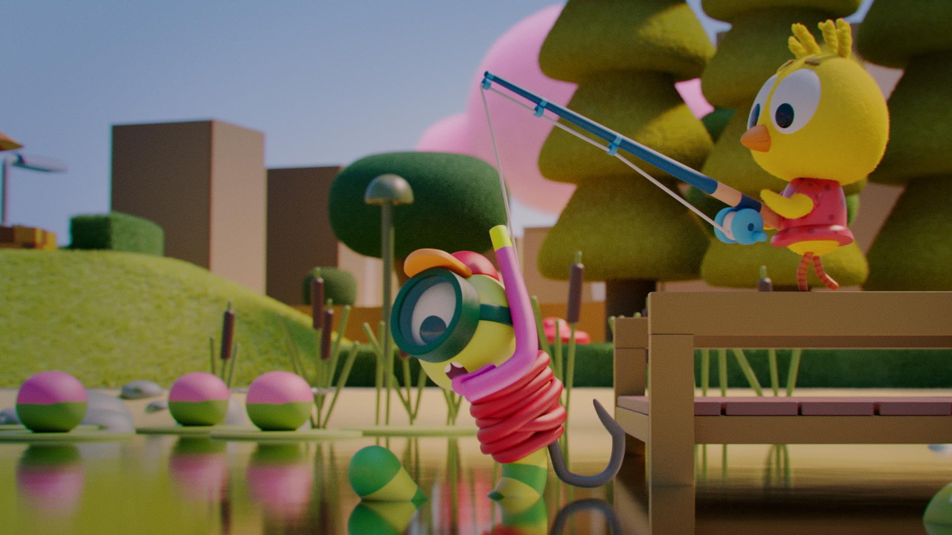 Küken Karla steht auf einem Holzsteg und hält eine Angelrute mit ihren Flügeln fest. Am unteren Ende der Angelschnur baumelt der verängstigte Wurm Glitsch als Köder. Eine rote Schnur ist um seinen Körper gebunden. Er trägt eine Tauchermaske und einen Schnorchel. Der hintere Teil seines Körpers taucht gerade ins Wasser ein.