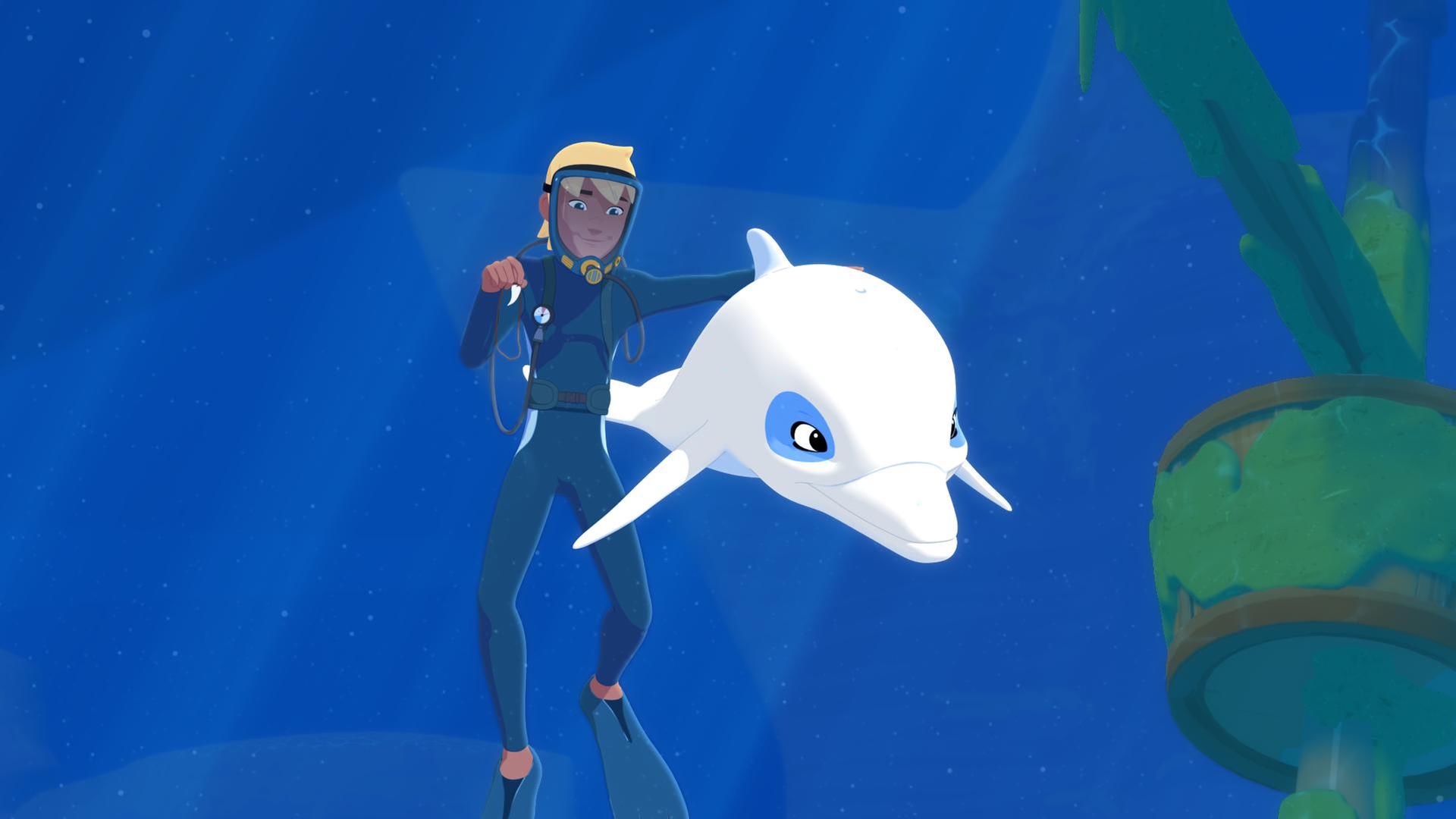 Yann und Zoom schwimmen im Meer, neben ihnen ist der Mast eines Schiffswracks zu sehen, der mit Seegras überwuchert ist.