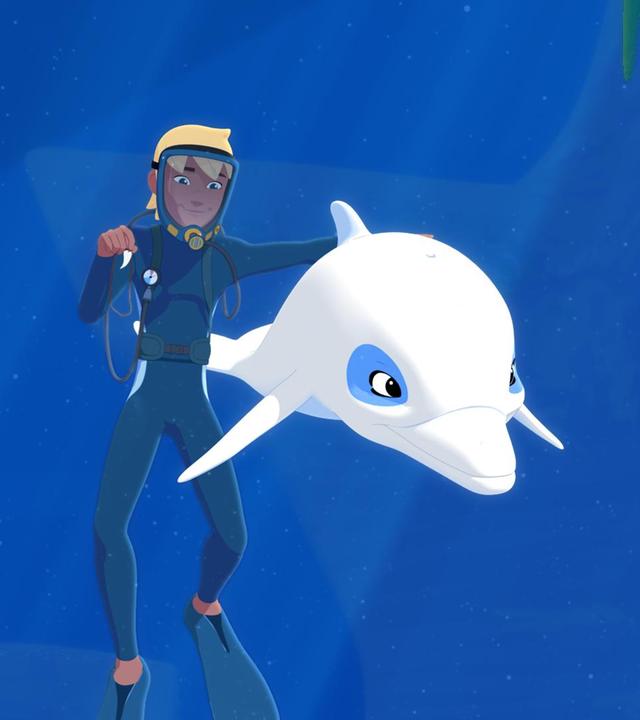 Yann und Zoom schwimmen im Meer, neben ihnen ist der Mast eines Schiffswracks zu sehen, der mit Seegras überwuchert ist.