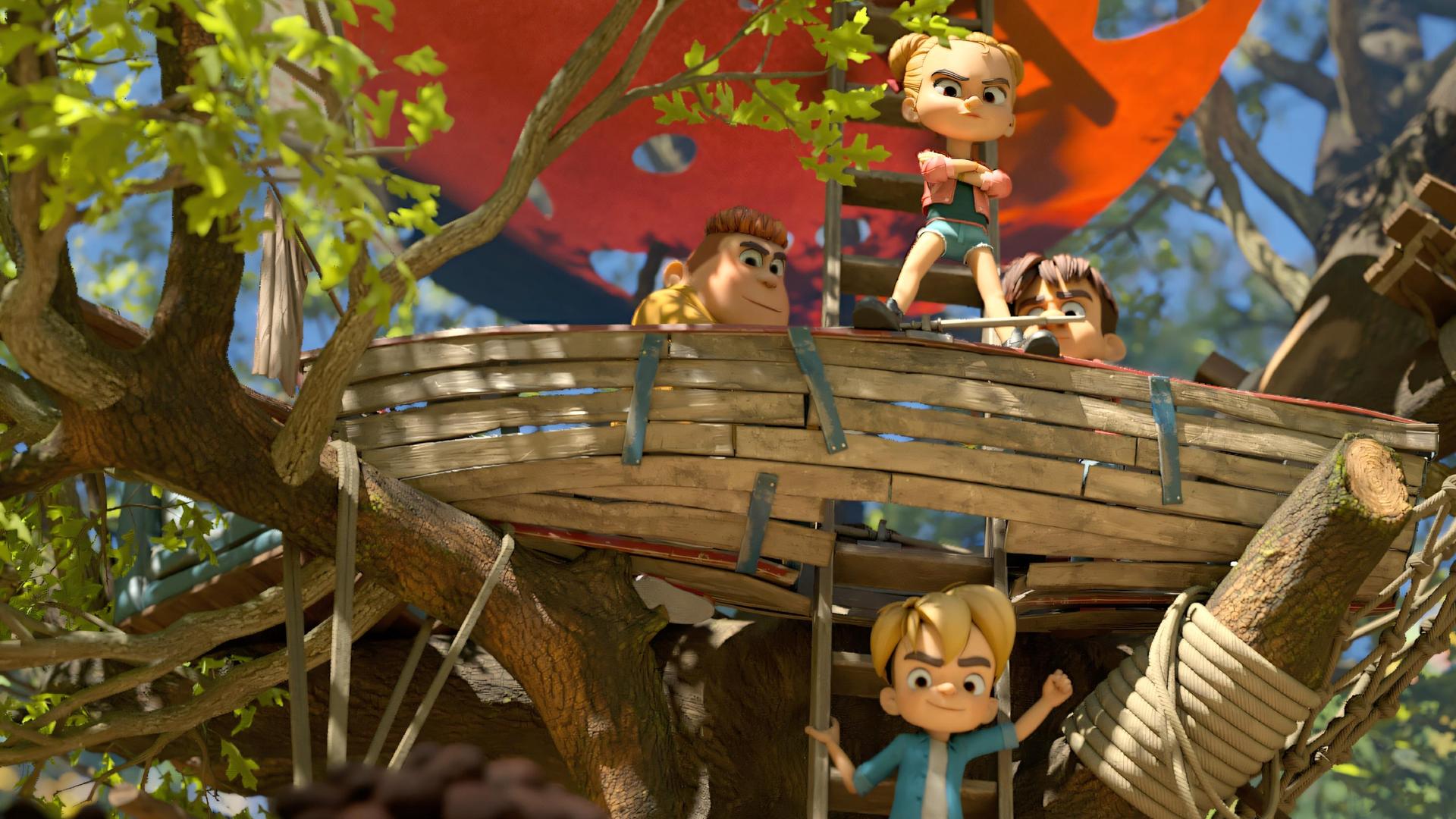 Die gegnerische Bande bestehend aus Samson, Marie und Hase hat das Baumhaus gekapert. Marie steht grimmig blickend mit ineinander verschränkten Armen in der Mitte des alten Ruderbootes, das oben in den dicken Stämmen des Baumes fest sitzt und blickt herunter. Auf der Leiter, die am Baumstamm lehnt und zum Eingang durch den Boden des Ruderbootes führt, steht in siegesgewisser Pose Raphael.