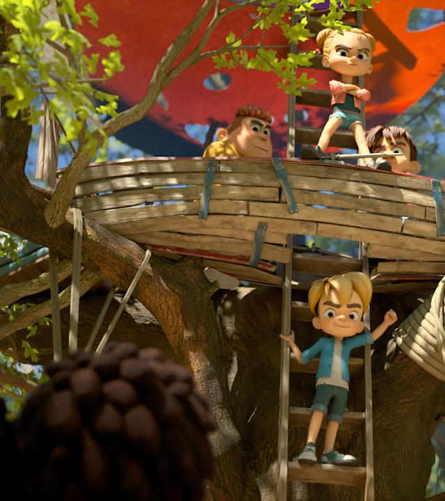 Die gegnerische Bande bestehend aus Samson, Marie und Hase hat das Baumhaus gekapert. Marie steht grimmig blickend mit ineinander verschränkten Armen in der Mitte des alten Ruderbootes, das oben in den dicken Stämmen des Baumes fest sitzt und blickt herunter. Auf der Leiter, die am Baumstamm lehnt und zum Eingang durch den Boden des Ruderbootes führt, steht in siegesgewisser Pose Raphael.