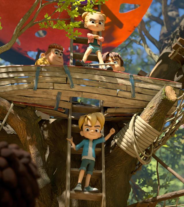 Die gegnerische Bande bestehend aus Samson, Marie und Hase hat das Baumhaus gekapert. Marie steht grimmig blickend mit ineinander verschränkten Armen in der Mitte des alten Ruderbootes, das oben in den dicken Stämmen des Baumes fest sitzt und blickt herunter. Auf der Leiter, die am Baumstamm lehnt und zum Eingang durch den Boden des Ruderbootes führt, steht in siegesgewisser Pose Raphael.