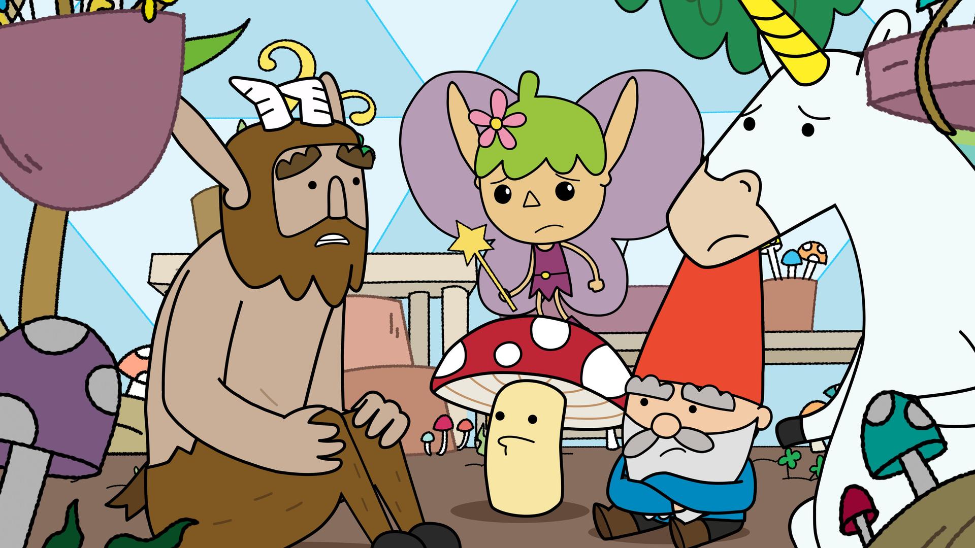 Unter einer Kuppel aus Glas sitzen Hufius, Tupfen, Herbert und Blümchen im Halbkreis nah beieinander auf braunem Grund. Twinkle schwebt mit Zauberstab über Tupfen. Alle haben besorgte Blicke. Um sie herum wachsen überall bunte Pilze.