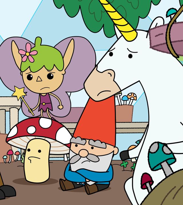 Unter einer Kuppel aus Glas sitzen Hufius, Tupfen, Herbert und Blümchen im Halbkreis nah beieinander auf braunem Grund. Twinkle schwebt mit Zauberstab über Tupfen. Alle haben besorgte Blicke. Um sie herum wachsen überall bunte Pilze.