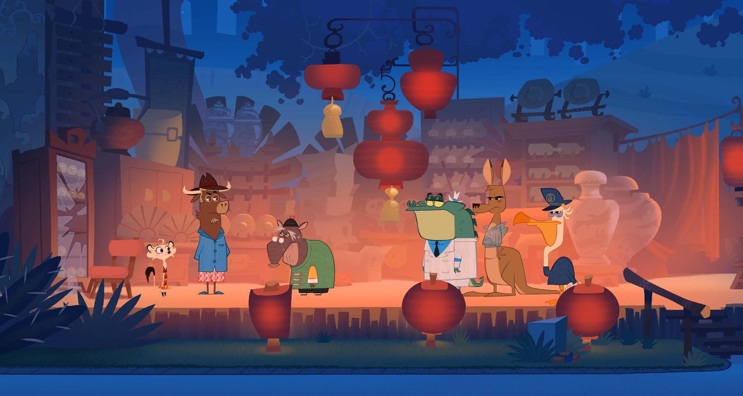 Sherlock Yack und Hermione sind bei Dämmerung im Haus des Tapirs. Neben ihnen stehen das Krokodil, das Känguru und der Pelikan. Der Tapir ist traurig.