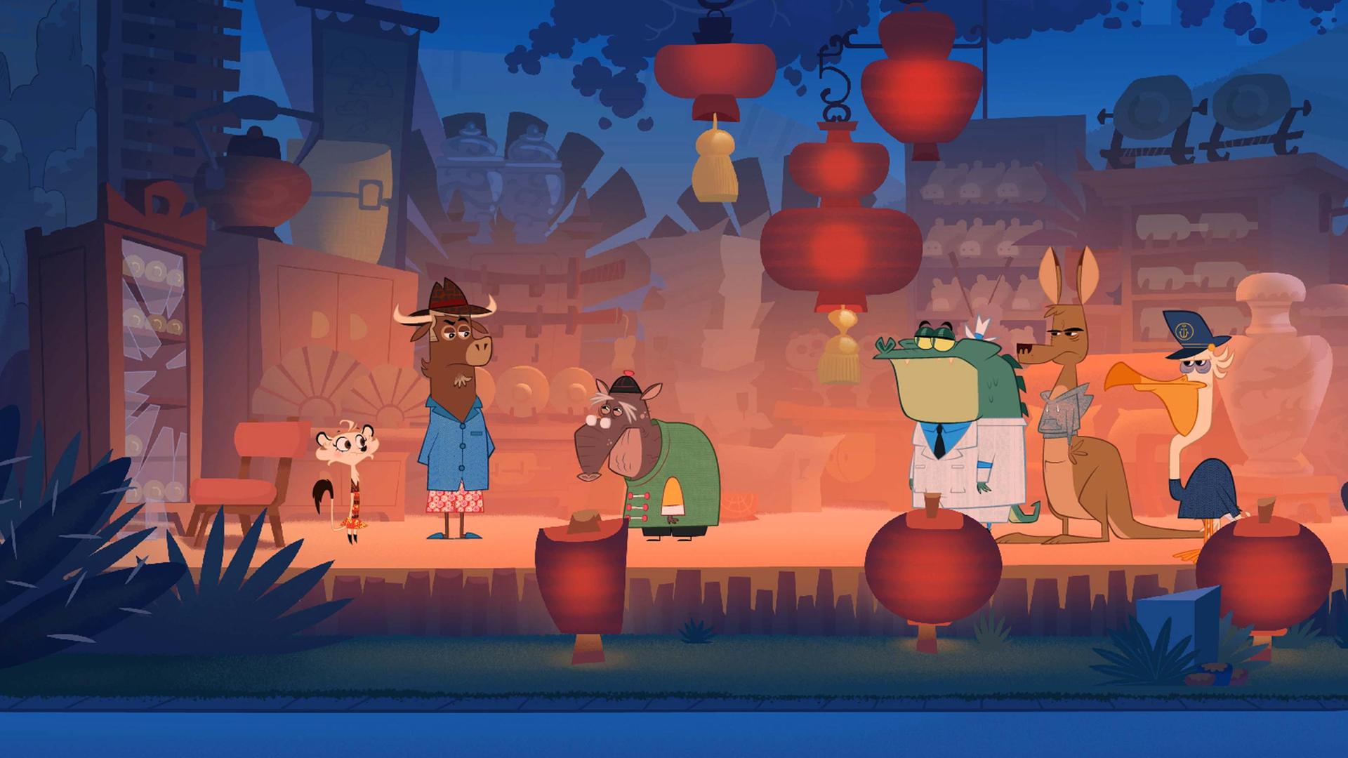 Sherlock Yack und Hermione sind bei Dämmerung im Haus des Tapirs. Neben ihnen stehen das Krokodil, das Känguru und der Pelikan. Der Tapir ist traurig.