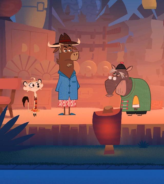 Sherlock Yack und Hermione sind bei Dämmerung im Haus des Tapirs. Neben ihnen stehen das Krokodil, das Känguru und der Pelikan. Der Tapir ist traurig.