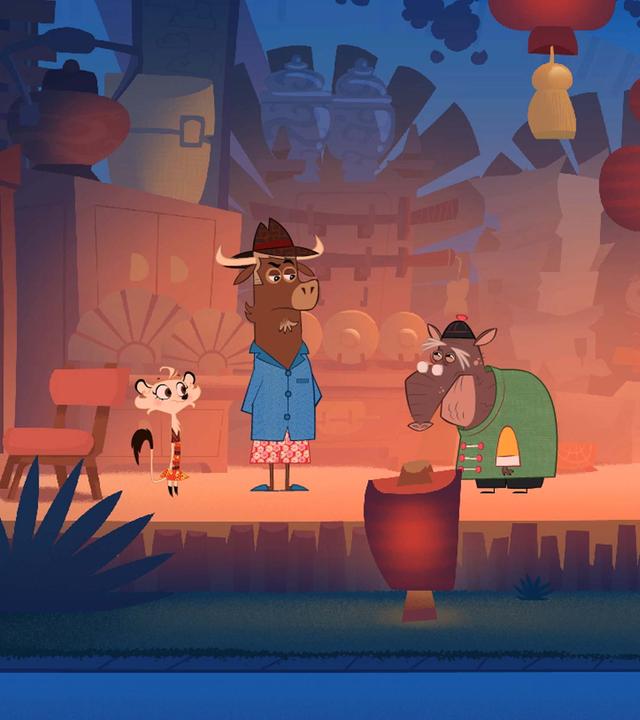 Sherlock Yack und Hermione sind bei Dämmerung im Haus des Tapirs. Neben ihnen stehen das Krokodil, das Känguru und der Pelikan. Der Tapir ist traurig.