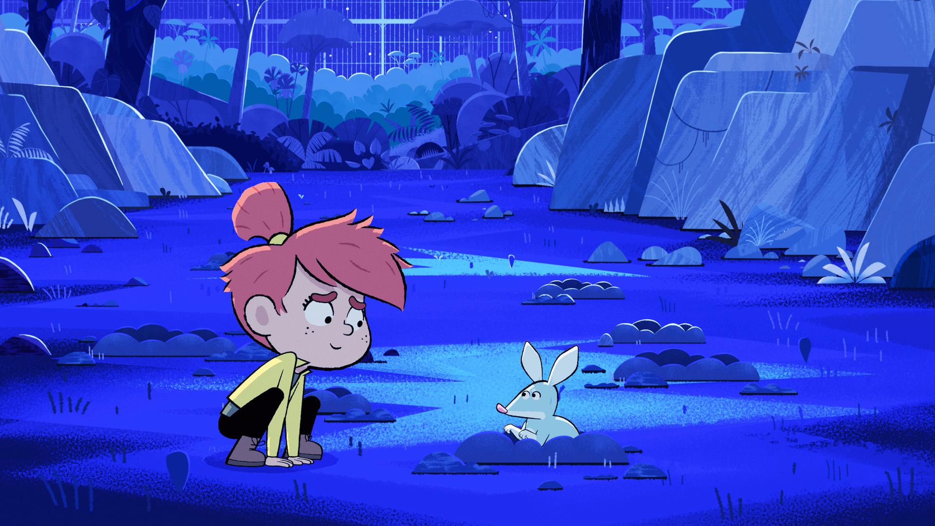 Nachts auf einer Wiese. Ringsum sind viele große Steine. Aus einem Erdloch guckt ein Kaninchennasenbeutler. Links davon kniet ein rothaariges Mädchen und schaut das Tier an.