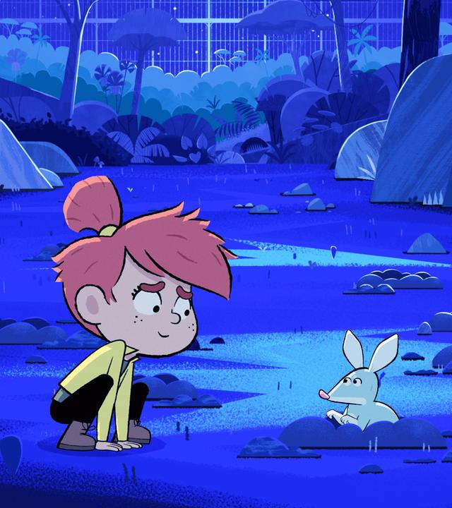 Nachts auf einer Wiese. Ringsum sind viele große Steine. Aus einem Erdloch guckt ein Kaninchennasenbeutler. Links davon kniet ein rothaariges Mädchen und schaut das Tier an.