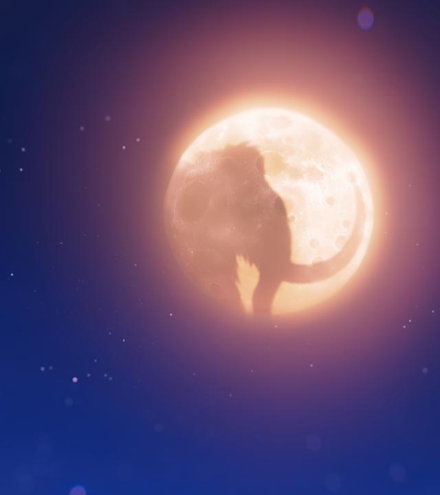 Der Mammut-Mond ist vor dem dunkelblauen Nachthimmel aufgegeangen: Es ist ein Vollmond mit dem Profil eines Mammuts.